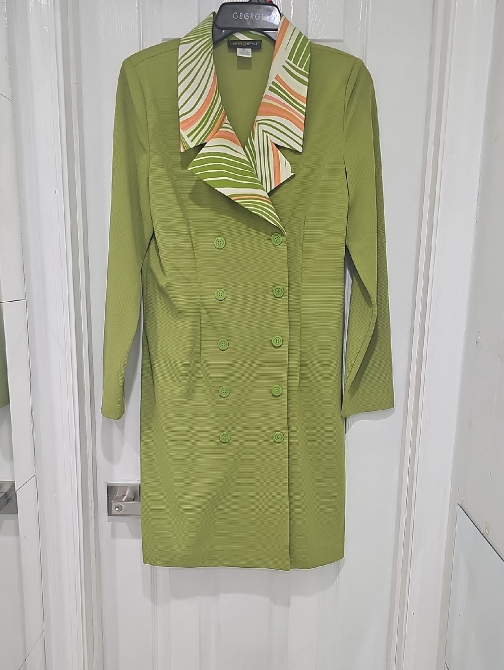 metrostyle Olive Green Double-Breasted Long Sleeve Dress with Striped Collar